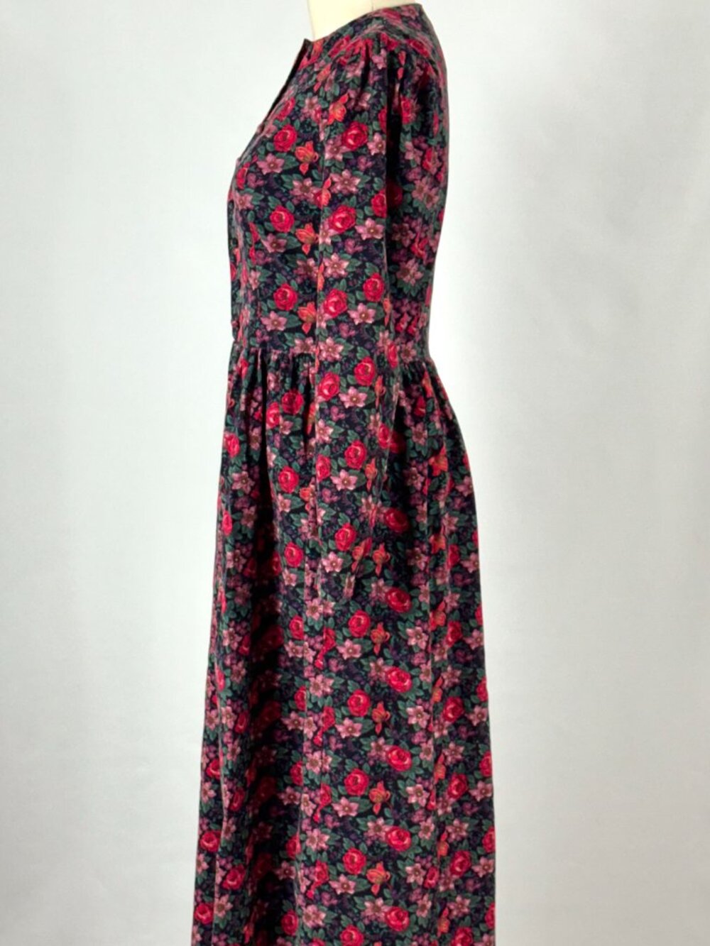 Vtg 90s Laura Ashley Floral Corduroy Button Front Dress Cottagecore Victorian - Picture 5 of 10